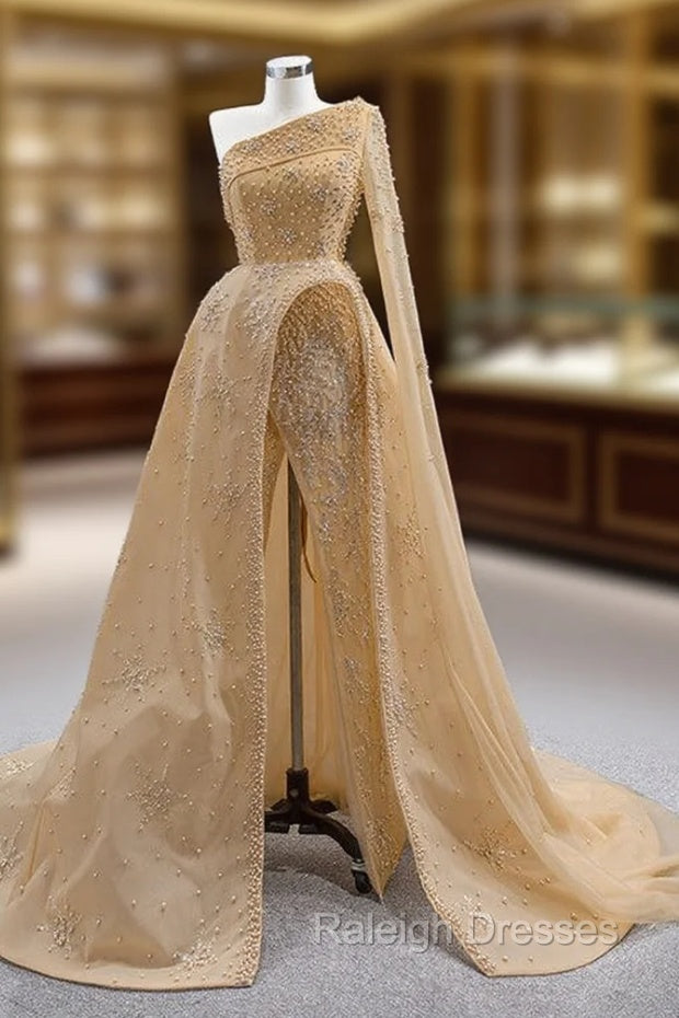 Champagne Tulle One Shoulder Pearls Prom Dress Main image