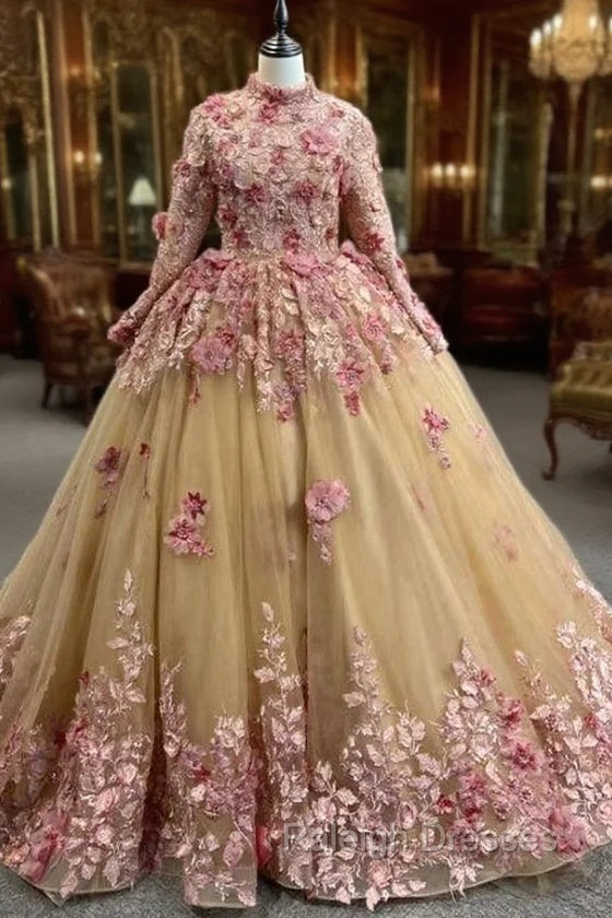 Champagne Tulle Pink 3D Appliques Long Sleeve Prom Dress Main image
