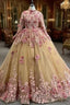 Champagne Tulle Pink 3D Appliques Long Sleeve Prom Dress