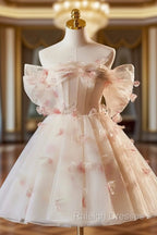 Champagne Tulle Print Knee Length Prom Dress, Lovely Off the Shoulder Backless Party Dress