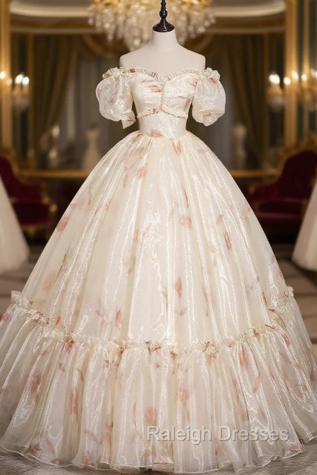 Champagne Tulle Print Off the Shoulder Beading Quinceanera Dress Main image