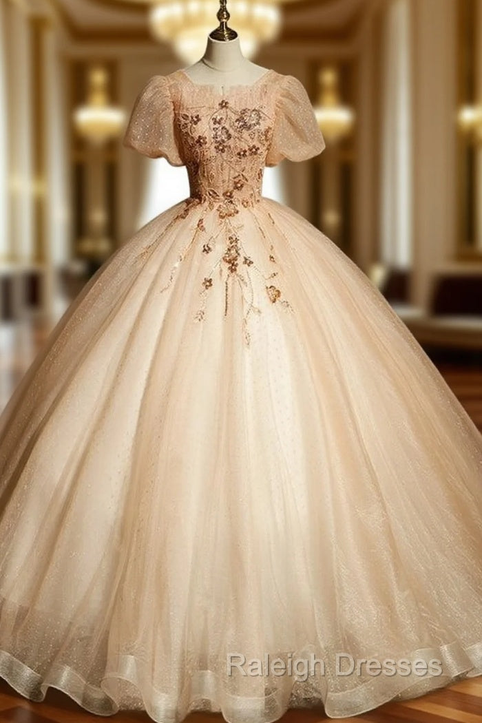 Champagne Tulle Puff Sleeve Beading Quinceanera Dress Main image