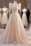 Champagne Tulle Puff Sleeve Prom Dress