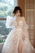 Champagne Tulle Puffy Sleeves Long Party Dress, Beautiful Lace Evening Dress