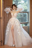 Champagne Tulle Puffy Sleeves Long Prom Dresses Beautiful Lace Prom Dresses