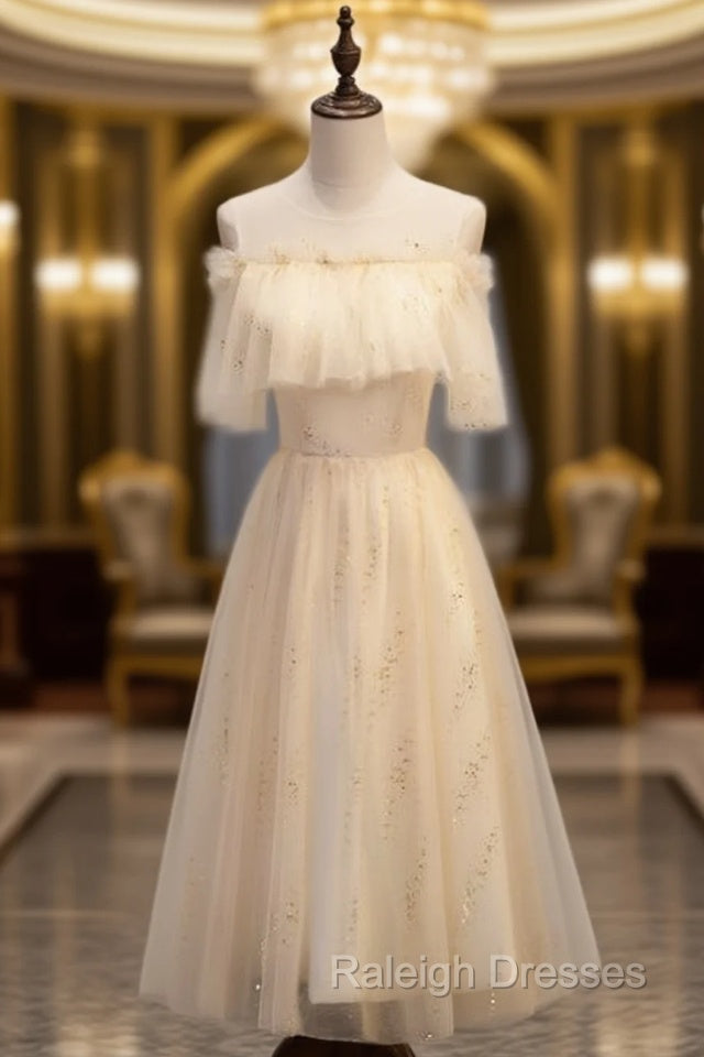 Champagne Tulle Scoop Sequins Tea Length Prom Dress