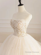 Champagne Tulle Sequin Beads Long Prom Dress, Champagne Evening Dress