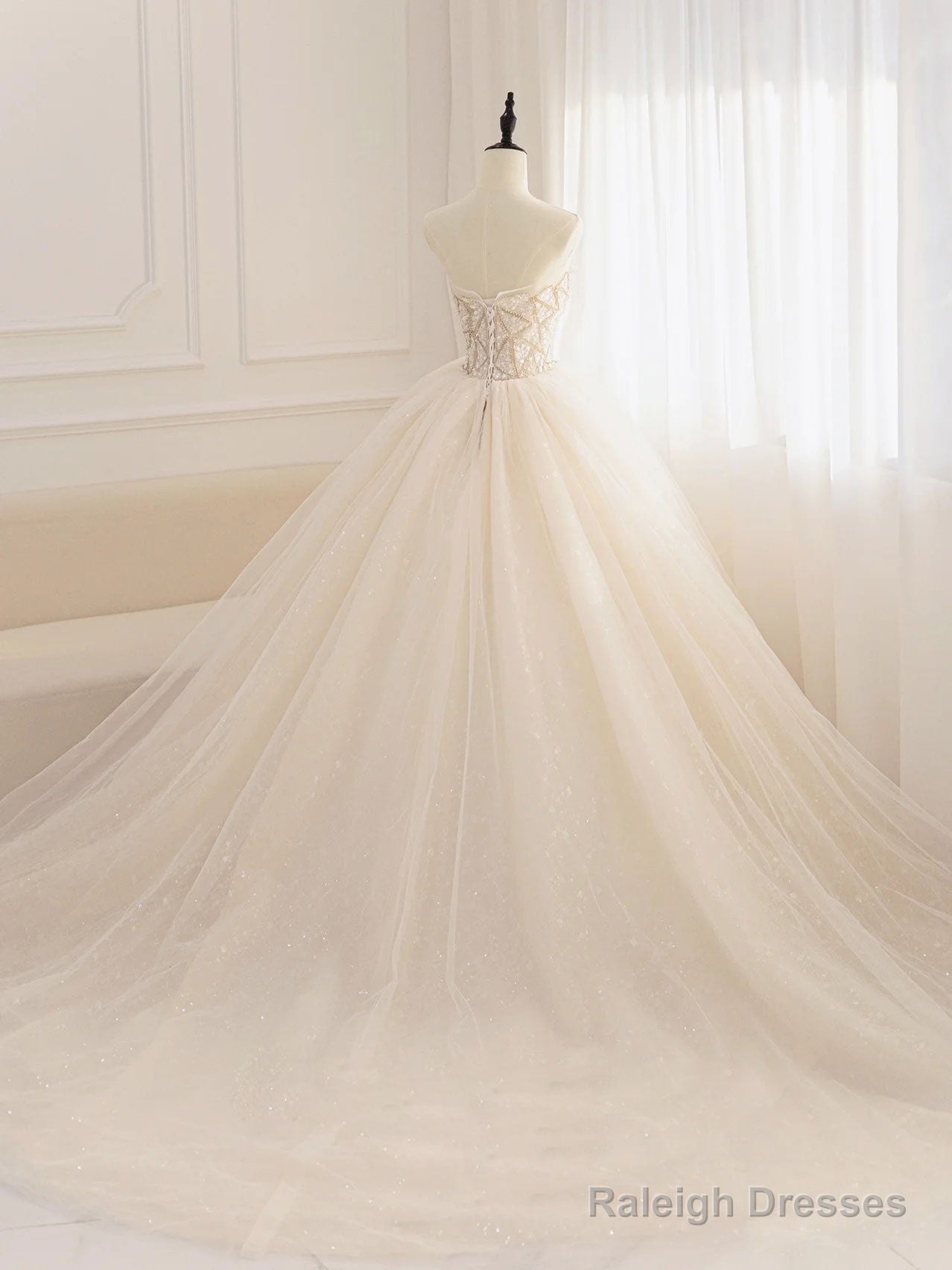 Champagne Tulle Sequin Beads Long Prom Dress, Champagne Evening Dress