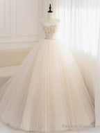 Champagne Tulle Sequin Beads Long Prom Dress, Champagne Evening Dress