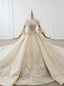 Champagne Tulle Sequins Appliques Beading Feather Puff Sleeve Wedding Dress