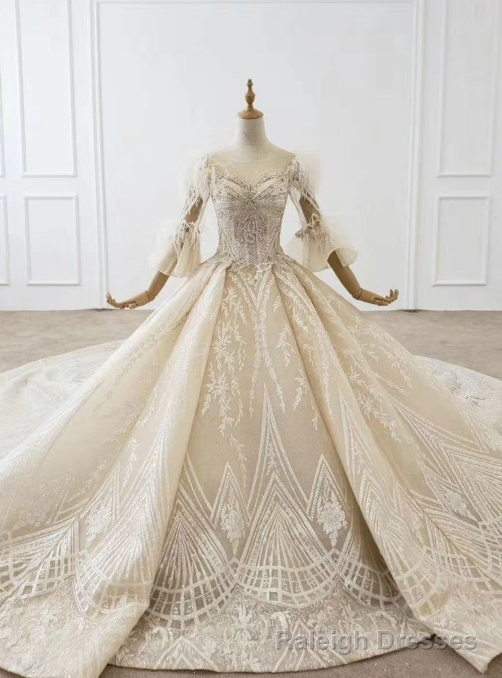 Champagne Tulle Sequins Appliques Beading Feather Puff Sleeve Wedding Dress