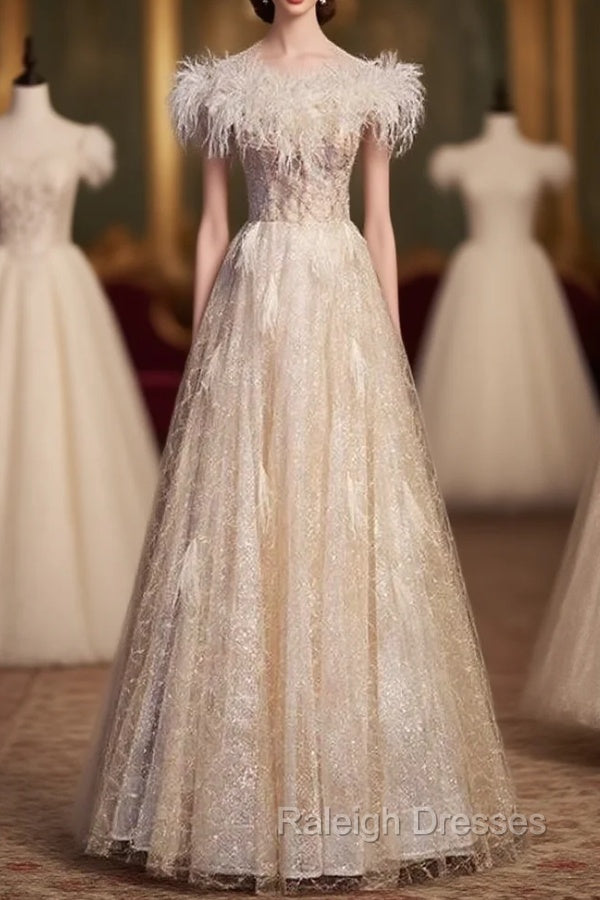Champagne Tulle Sequins Beading Feather Prom Dress