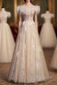 Champagne Tulle Sequins Beading Feather Prom Dress