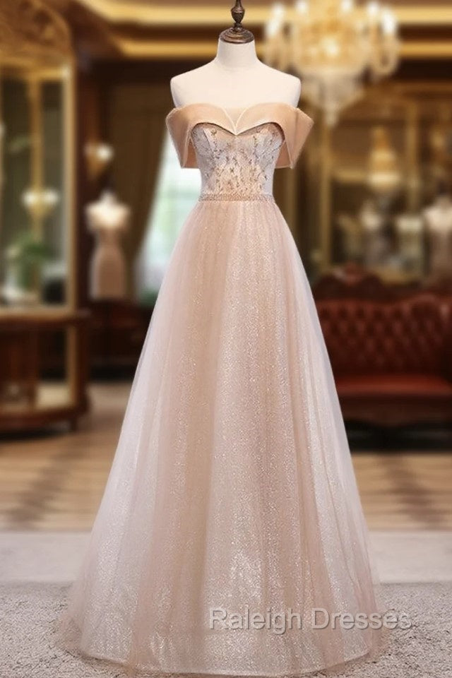 Champagne Tulle Sequins Beading Off the Shoulder Prom Dress Main image