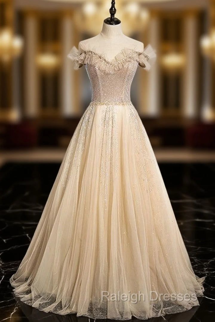 Champagne Tulle Sequins Beading Prom Dress Main image