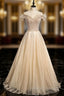 Champagne Tulle Sequins Beading Prom Dress