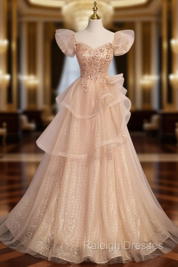 Champagne Tulle Sequins Beading Puff Sleeve Prom Dress