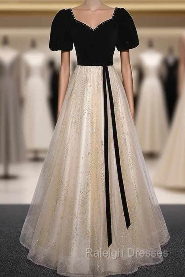 Champagne Tulle Sequins Black Velvet Short Sleeve Prom Dres