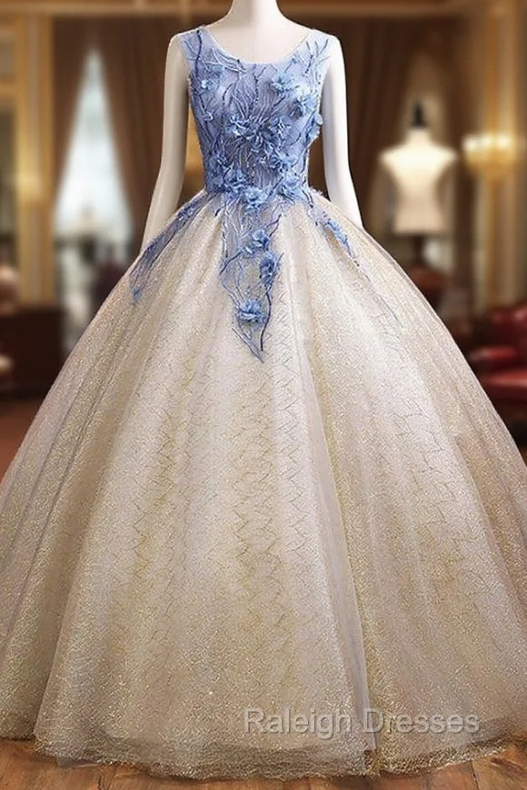 Champagne Tulle Sequins Blue Appliques Quinceanera Dresses Main image