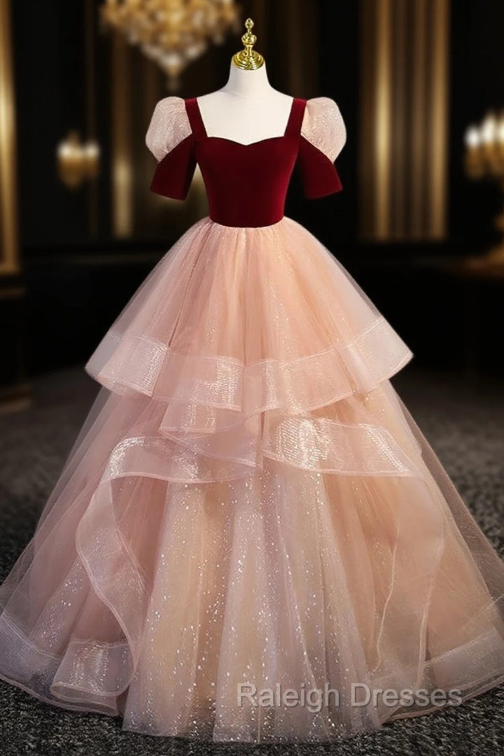 Champagne Tulle Sequins Burgundy Velvet Short Sleeve Prom Dress Main image