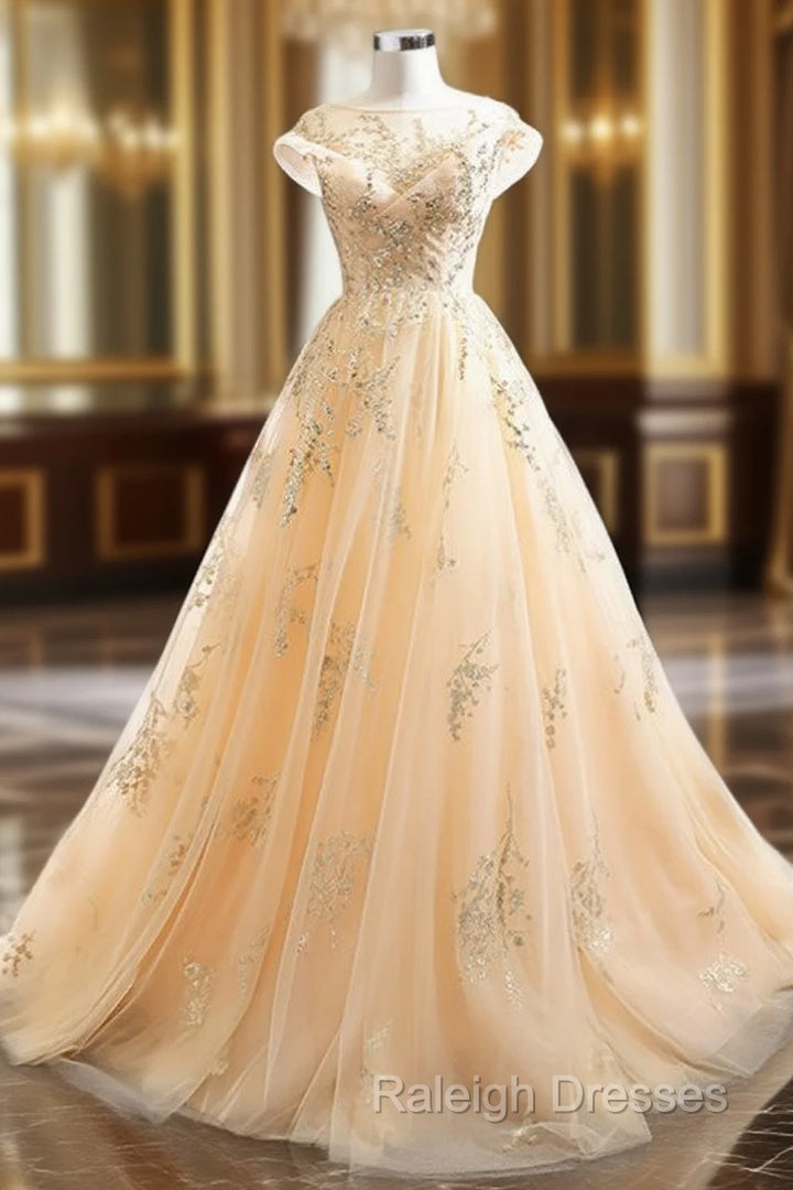 Champagne Tulle Sequins Cap Sleeve Open Back Prom Dress Main image