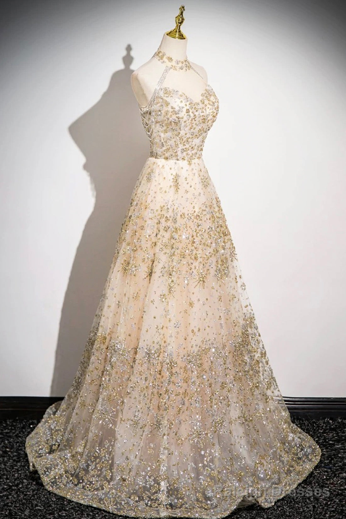 Champagne Tulle Sequins Floor Length Prom Dress, Shiny A-Line Evening Party Dress Secondary image