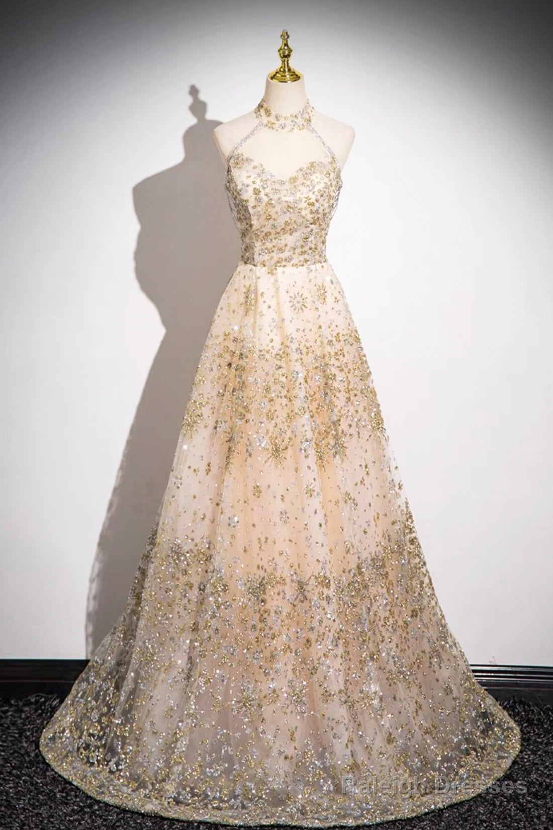 Champagne Tulle Sequins Floor Length Prom Dress, Shiny A-Line Evening Party Dress Main image