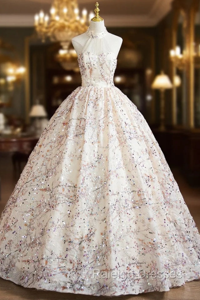 Champagne Tulle Sequins Halter Quinceanera Dress