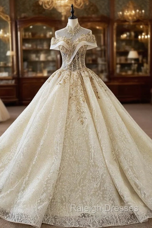 Champagne Tulle Sequins High Neck Backless Wedding Dress With Long Train Main image