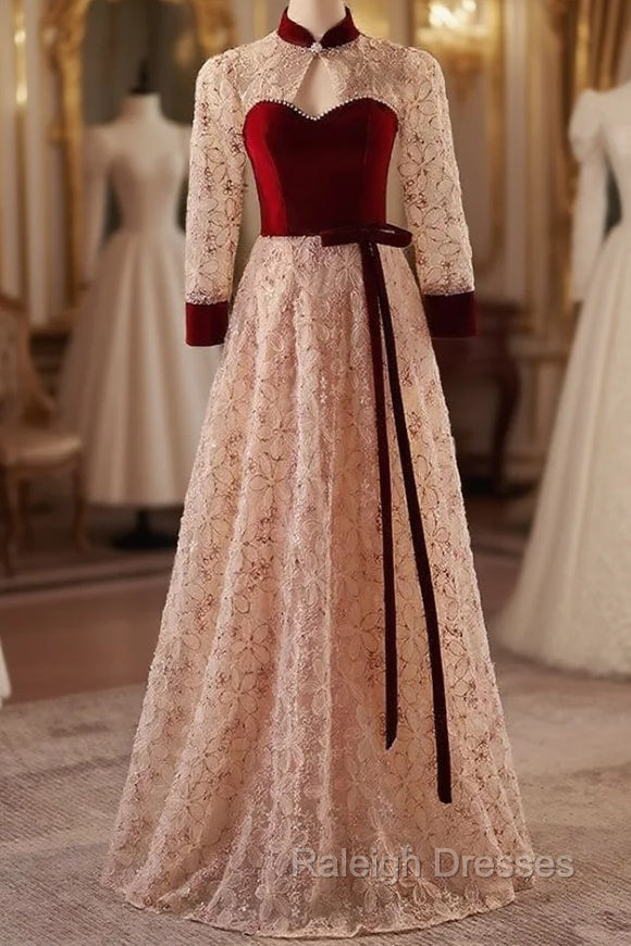 Champagne Tulle Sequins High Neck Long Sleeve Prom Dress Main image