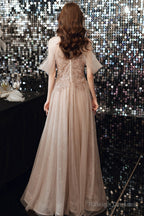 Champagne Tulle Sequins Long A-Line Prom Dresseses
