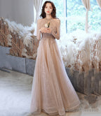Champagne Tulle Sequins Long A-Line Prom Dresseses