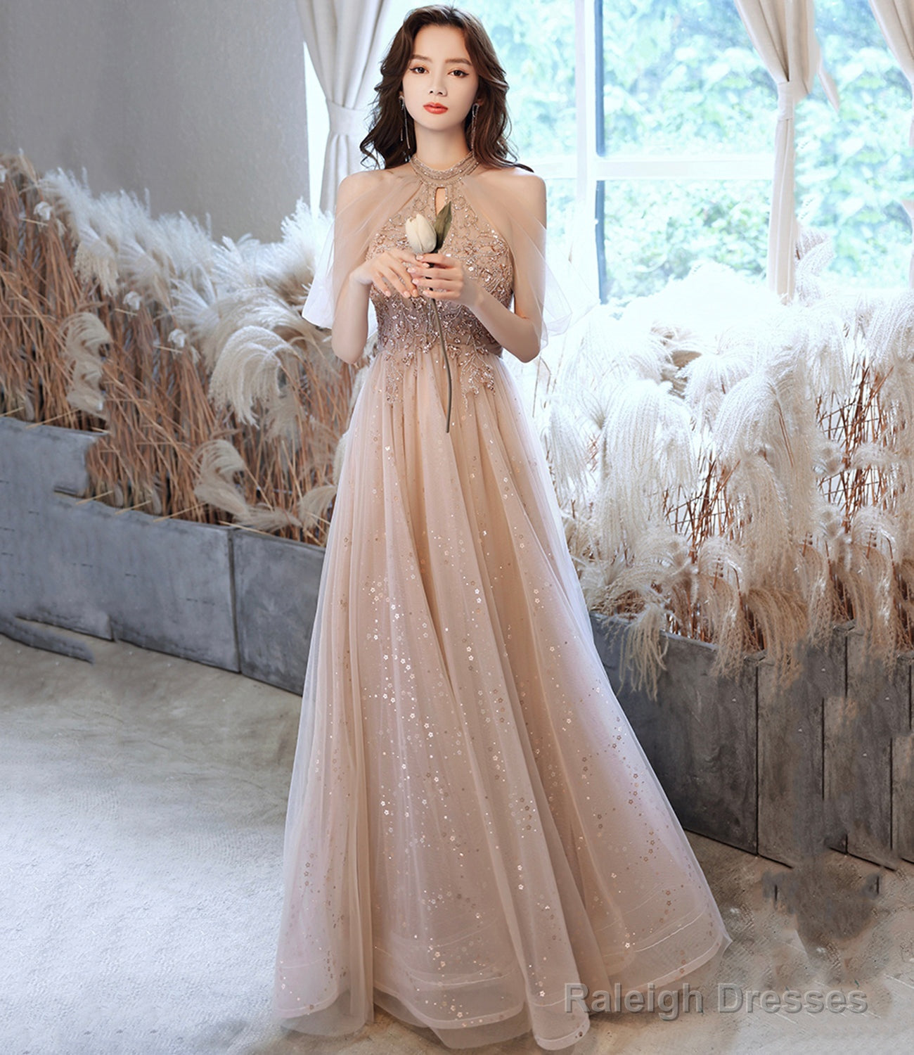 Champagne Tulle Sequins Long A-Line Prom Dresseses