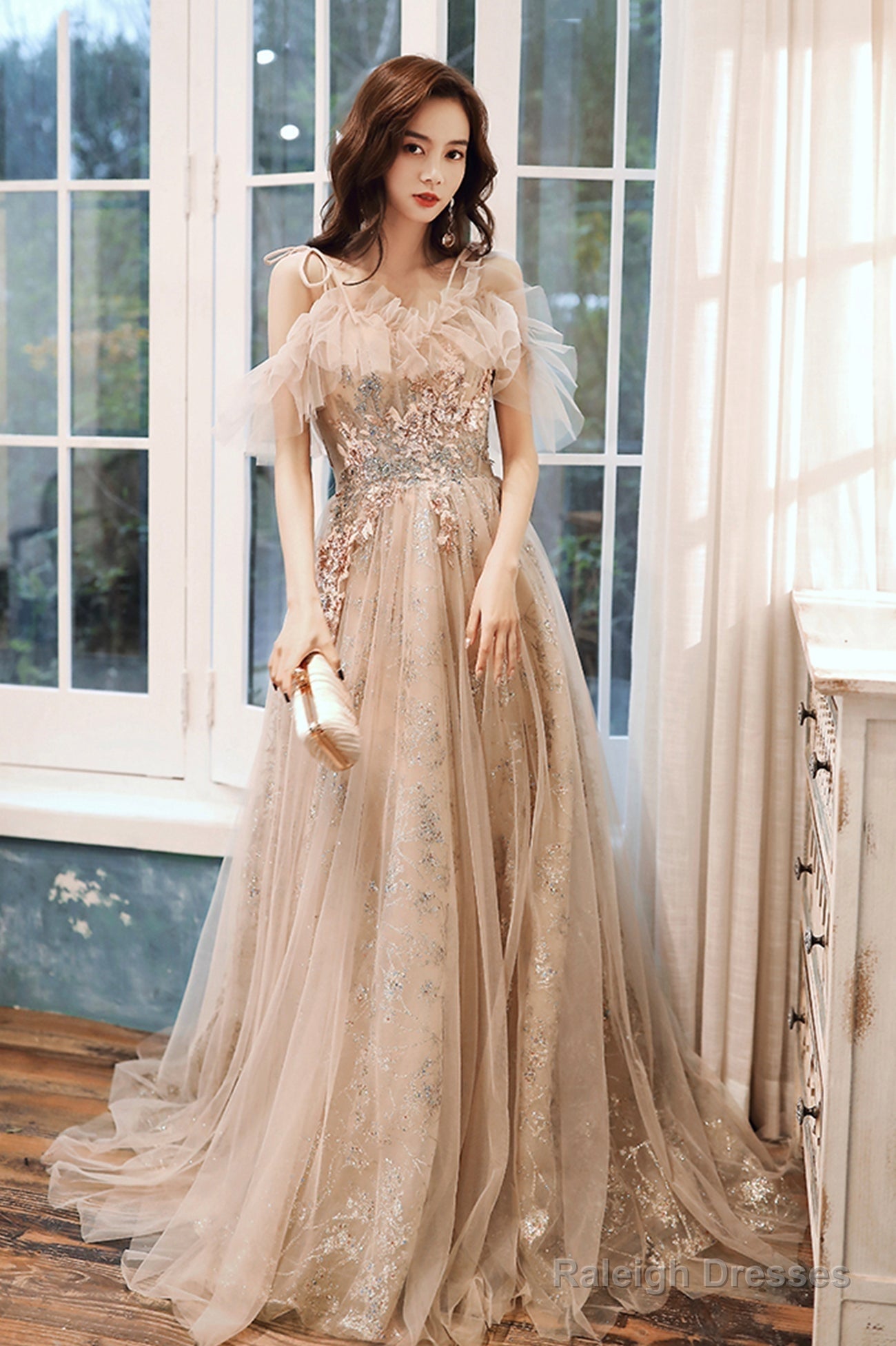 Champagne Tulle Sequins Long Formal Party Dresses, Off The Shoulder Prom Dresses