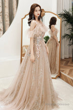 Champagne Tulle Sequins Long Formal Party Dresses, Off The Shoulder Prom Dresses