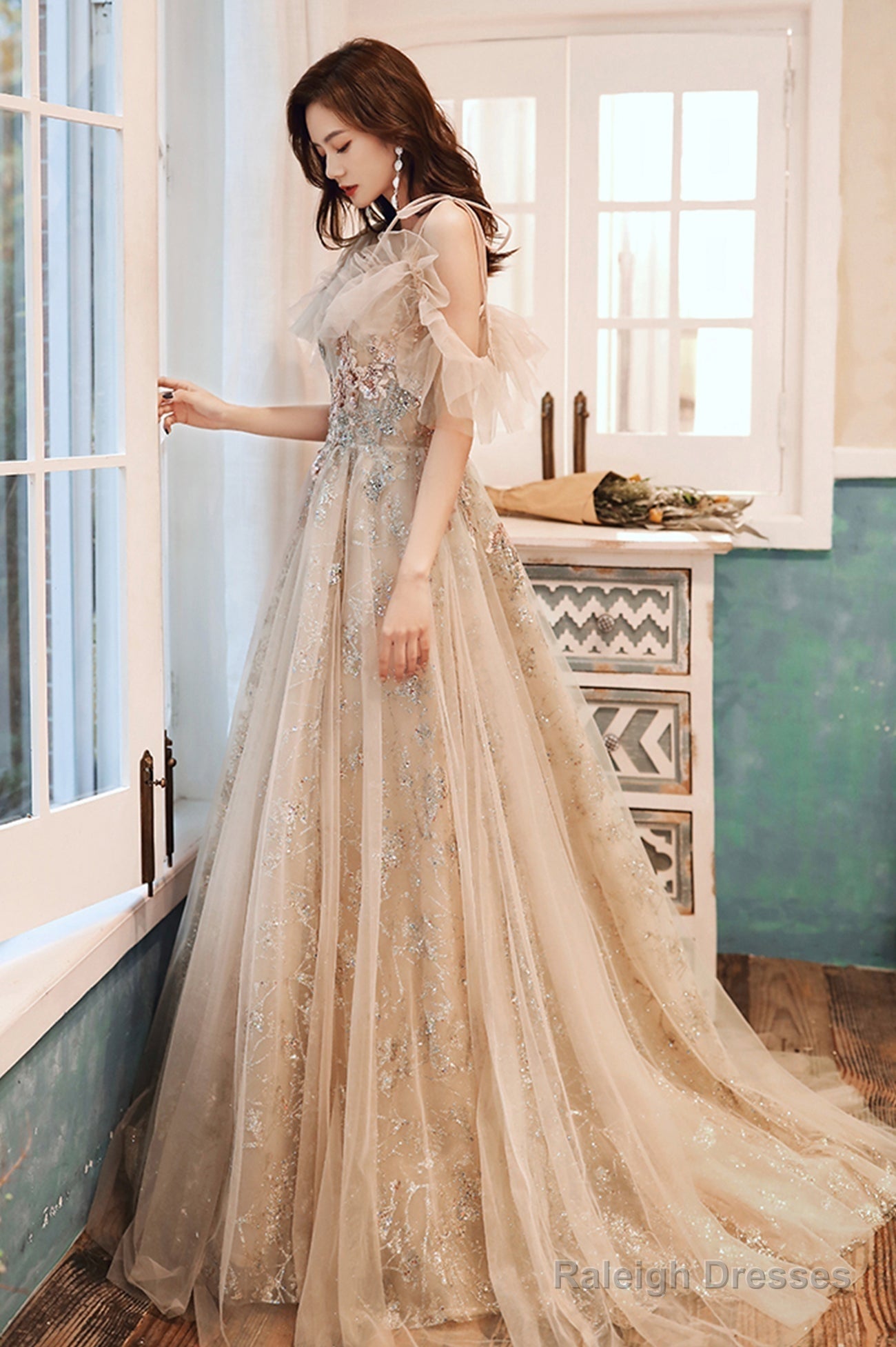 Champagne Tulle Sequins Long Formal Party Dresses, Off The Shoulder Prom Dresses