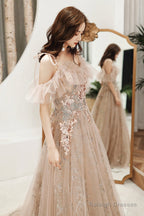 Champagne Tulle Sequins Long Formal Party Dresses, Off The Shoulder Prom Dresses