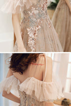 Champagne Tulle Sequins Long Formal Party Dresses, Off The Shoulder Prom Dresses