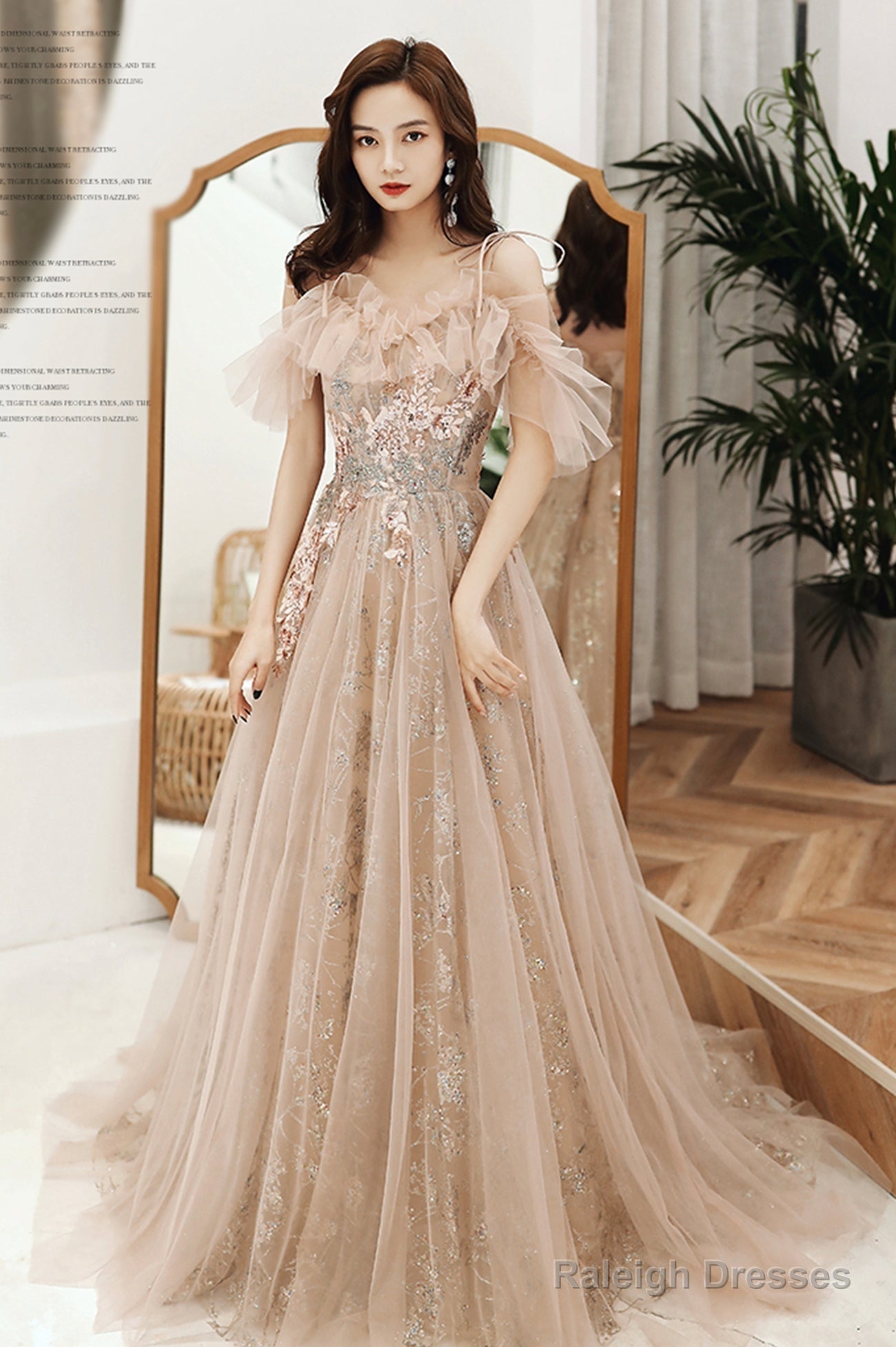 Champagne Tulle Sequins Long Formal Party Dresses, Off The Shoulder Prom Dresses Main image