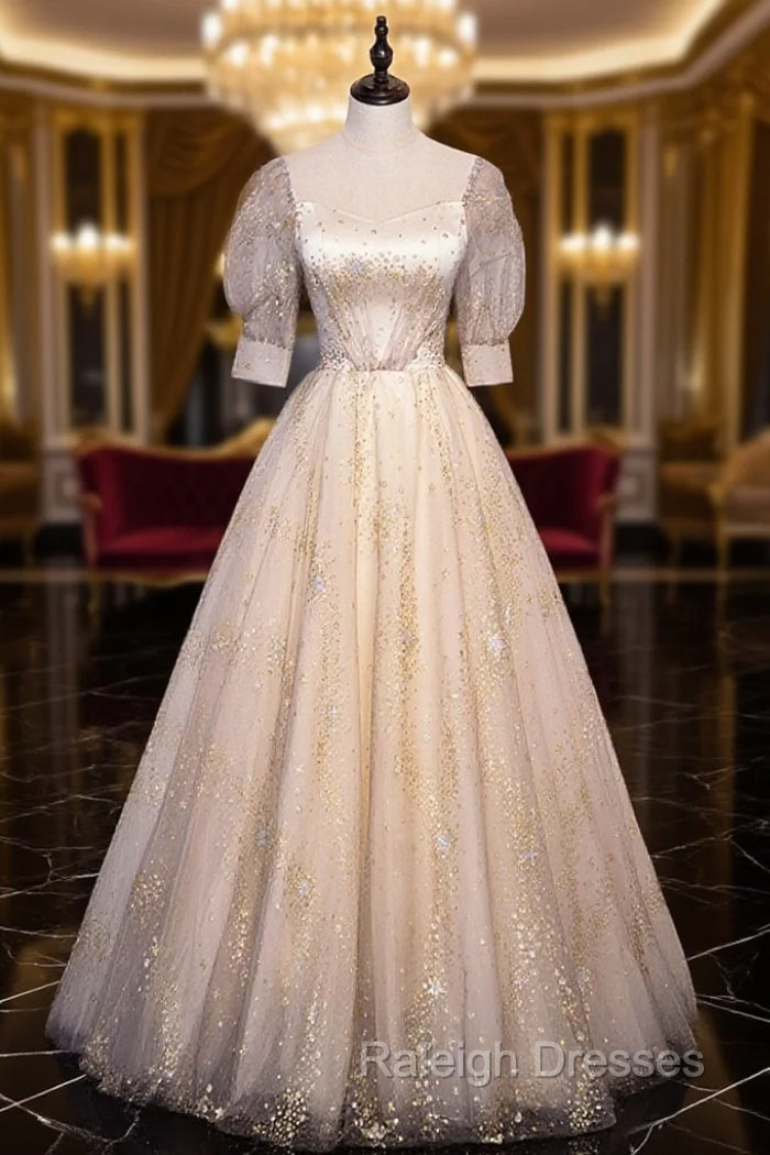 Champagne Tulle Sequins Long Prom Dresses Cute 1/2 Sleeve Prom Dresses Main image