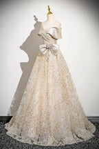 Champagne Tulle Sequins Long Prom Dress, Off The Shoulder Evening Party Dress