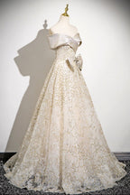 Champagne Tulle Sequins Long Prom Dress, Off The Shoulder Evening Party Dress