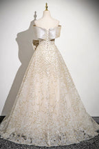 Champagne Tulle Sequins Long Prom Dress, Off The Shoulder Evening Party Dress