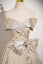 Champagne Tulle Sequins Long Prom Dress, Off The Shoulder Evening Party Dress