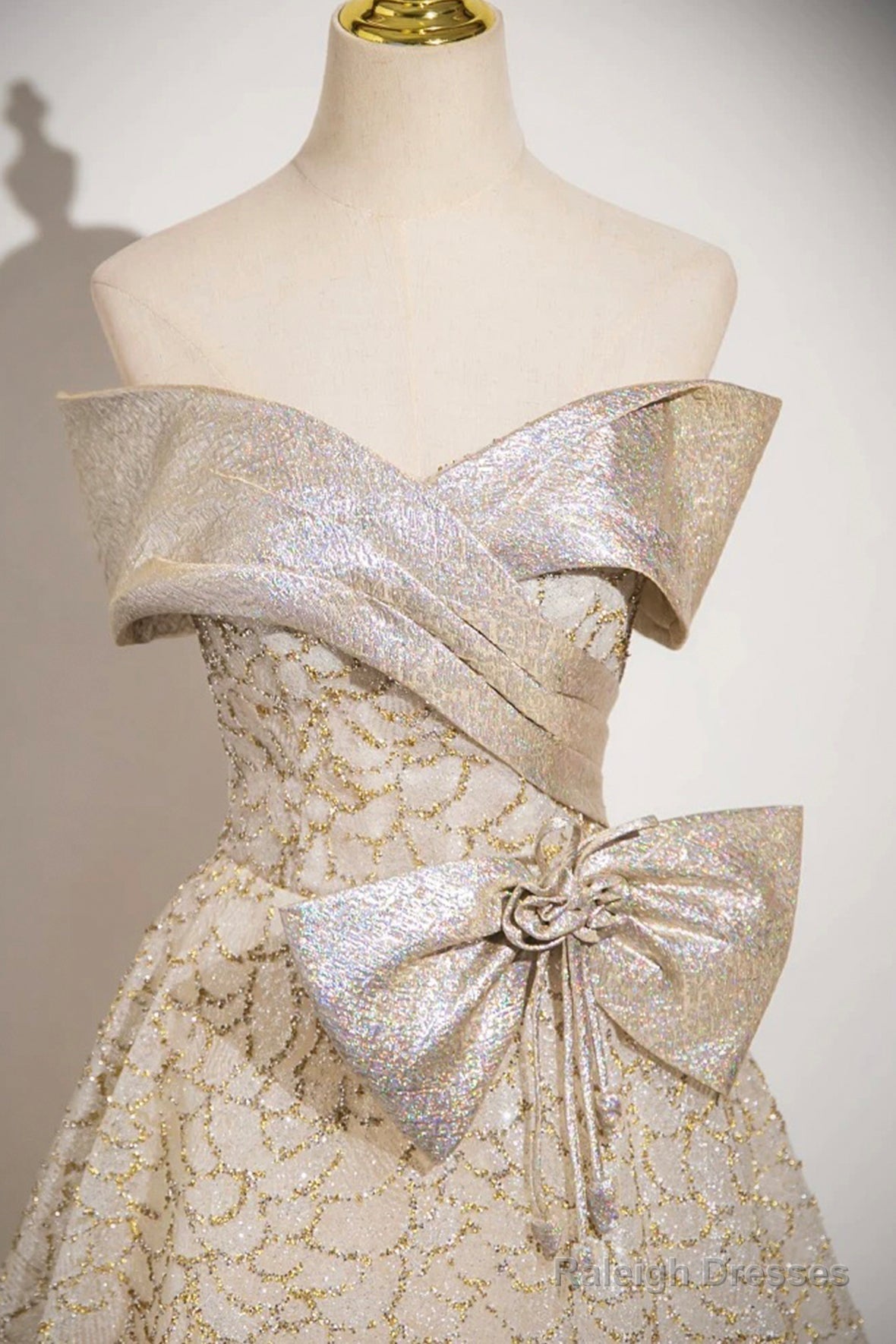 Champagne Tulle Sequins Long Prom Dress, Off The Shoulder Evening Party Dress