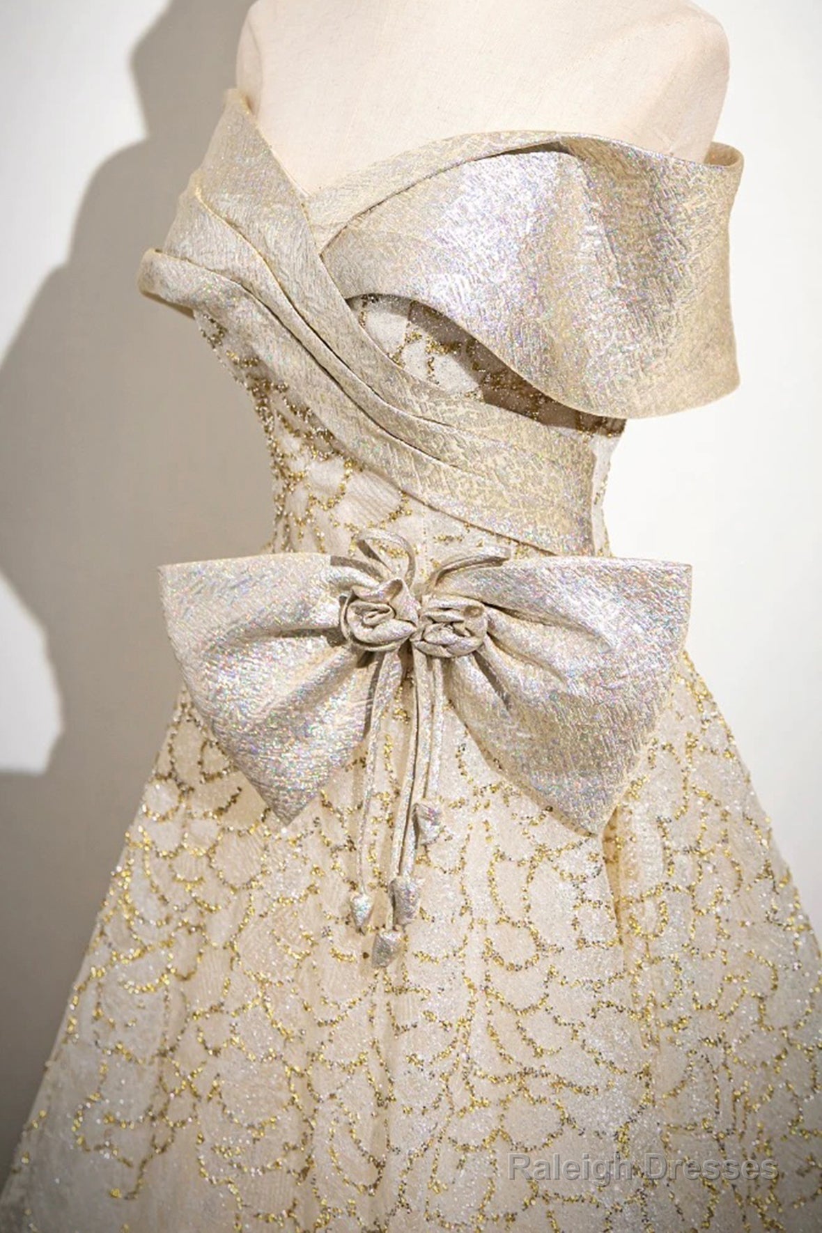 Champagne Tulle Sequins Long Prom Dress, Off The Shoulder Evening Party Dress