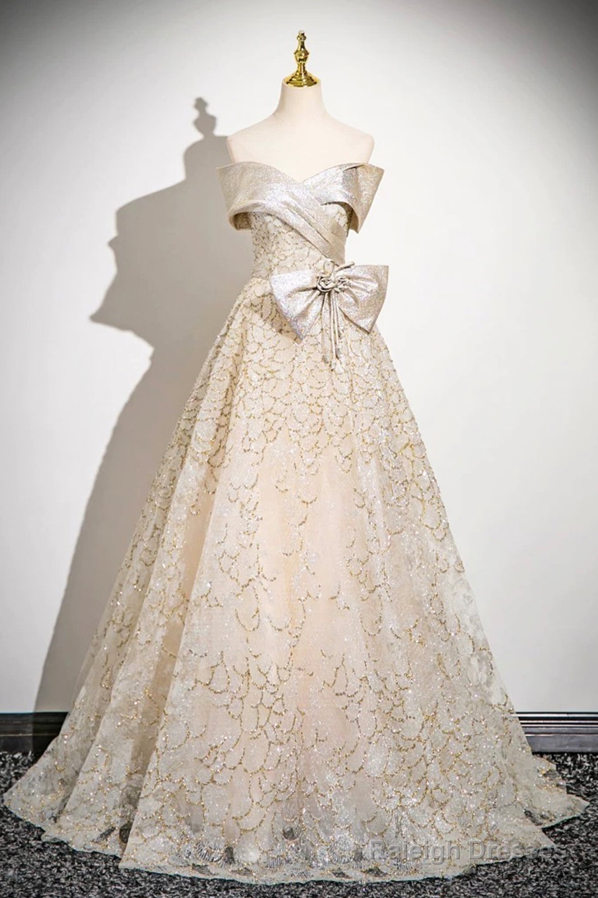 Champagne Tulle Sequins Long Prom Dress, Off The Shoulder Evening Party Dress Main image