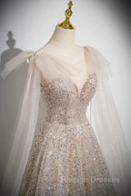 Champagne Tulle Sequins Long Prom Dress, Shiny A-Line Party Dress