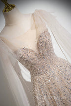 Champagne Tulle Sequins Long Prom Dress, Shiny A-Line Party Dress