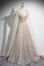 Champagne Tulle Sequins Long Prom Dress, Shiny A-Line Party Dress